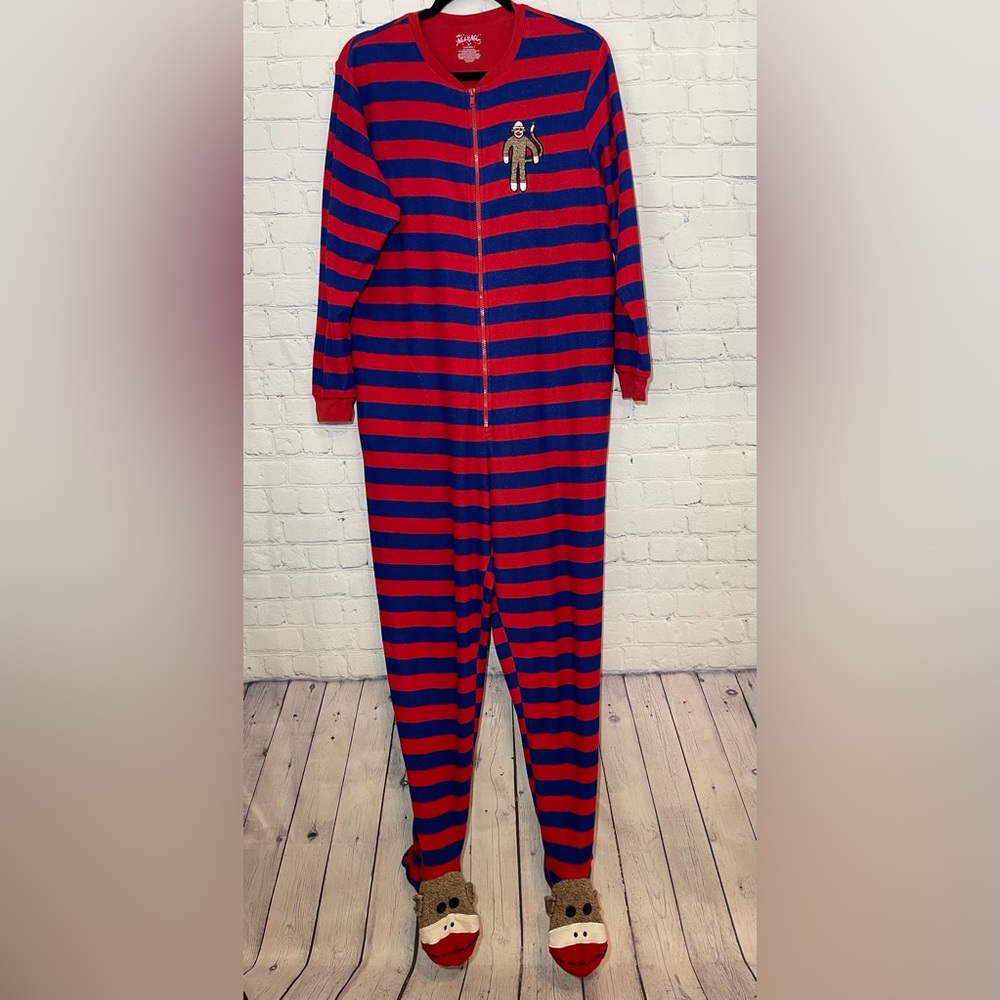 Nick & Nora sock monkey onesie pajamas size medium red & blue striped